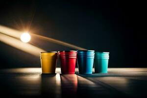 four colorful plastic cups on a table. AI-Generated photo