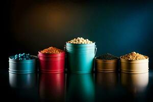 a row of colorful metal containers with different types of food. AI-Generated photo