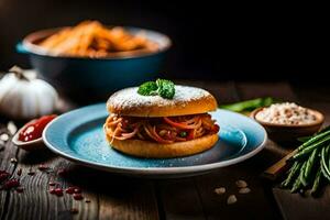 a burger with vegetables and spices on a blue plate. AI-Generated photo