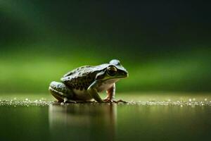 a frog sitting on the ground in front of a green background. AI-Generated photo