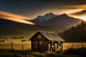 a small wooden shack sits in the middle of a field. AI-Generated photo
