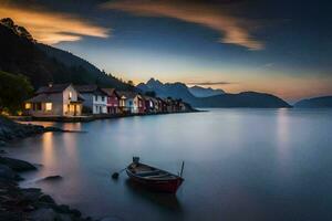 a boat sits on the shore of a lake at sunset. AI-Generated photo