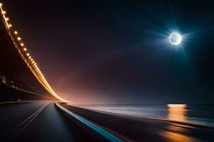 the moon is shining over the ocean and a bridge. AI-Generated photo