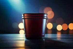 a red bucket sitting on a wooden table with lights in the background. AI-Generated photo