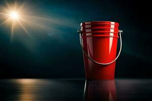 a red bucket with a handle on a dark background. AI-Generated photo