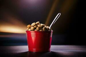 a spoon in a red cup of cereal. AI-Generated photo