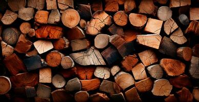 Panoramic background, wood firewood texture - AI generated image photo