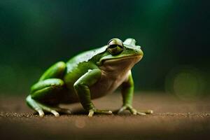 a green frog is sitting on the ground. AI-Generated photo