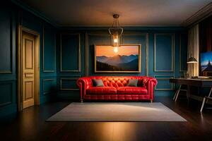 a red leather couch in a room with blue walls. AI-Generated photo