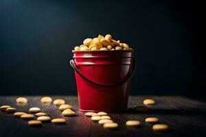 a red bucket filled with peanuts on a dark table. AI-Generated photo