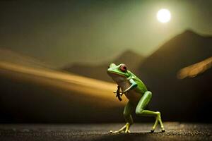 a frog is standing on its hind legs in front of a full moon. AI-Generated photo