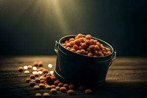 a bucket filled with peanuts on a table. AI-Generated photo