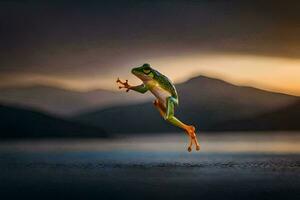 a frog jumping in the air with a sunset in the background. AI-Generated photo