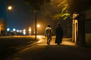 dos personas caminando abajo un calle a noche. generado por ai foto