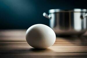 an egg sitting on a table next to a pot. AI-Generated photo