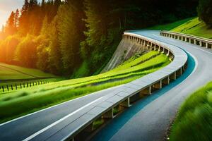 a winding road in the mountains with the sun setting. AI-Generated photo