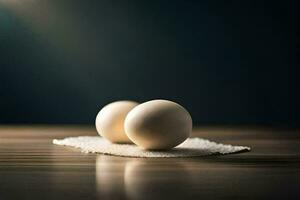 dos blanco huevos en un mesa con un ligero detrás a ellos. generado por ai foto