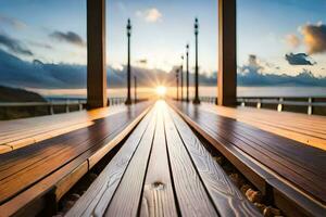 a wooden bridge with the sun setting behind it. AI-Generated photo