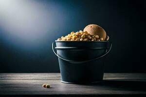 a bucket filled with peanuts and a spoon. AI-Generated photo