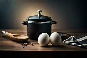 two eggs sit on a table next to a pot and wooden spoon. AI-Generated photo