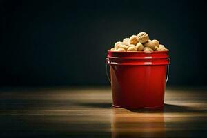 a red bucket filled with peanuts on a wooden table. AI-Generated photo