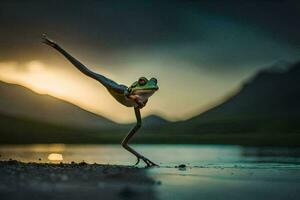 a frog is standing on its hind legs in the water. AI-Generated photo