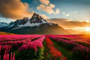 the sun rises over a field of pink flowers and mountains. AI-Generated photo