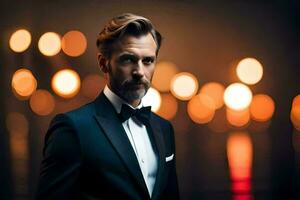a man in a tuxedo standing in front of a lit up background. AI-Generated photo