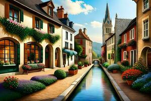 a painting of a street with a canal and flowers. AI-Generated photo