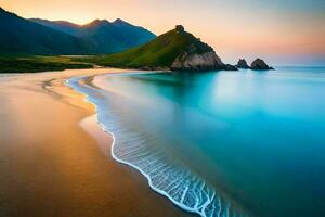 the beach, mountains, sunset, the sea, the ocean, the beach, the sea,. AI-Generated photo