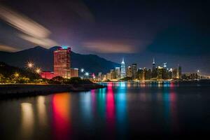 el ciudad horizonte a noche con luces reflejando apagado el agua. generado por ai foto