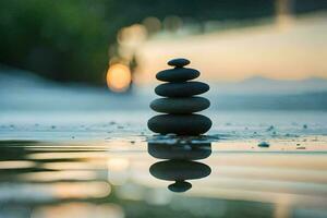 a stack of stones is sitting on the water. AI-Generated photo