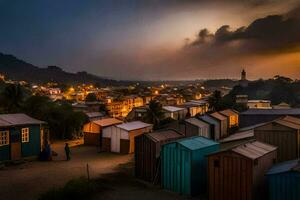 a view of the town at night with colorful houses. AI-Generated photo