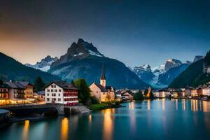 the town of switzerland at dusk. AI-Generated photo