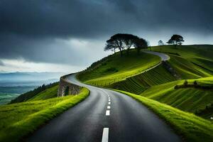 a winding road in the middle of a green hill. AI-Generated photo