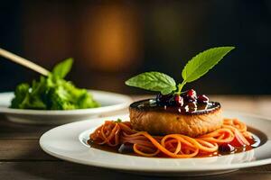 a plate with pasta and vegetables on it. AI-Generated photo