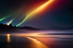 a colorful aurora lights up the sky over a beach. AI-Generated photo