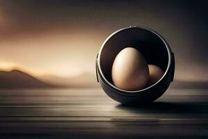 two eggs in a black bowl on a table. AI-Generated photo