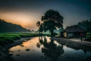 a man stands near a small hut in the middle of a field. AI-Generated photo