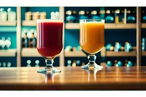 two glasses of orange juice on a wooden table. AI-Generated photo