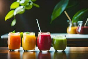 five different types of juices in glasses. AI-Generated photo