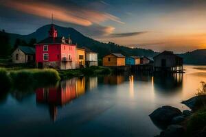 a colorful house sits on the shore of a lake at sunset. AI-Generated photo