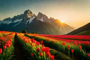 the sun rises over a field of red tulips in the mountains. AI-Generated photo