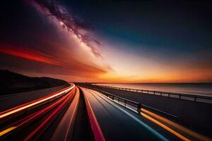 a long exposure photograph of a highway with cars driving on it. AI-Generated photo