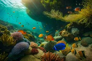 an underwater scene with colorful fish and corals. AI-Generated photo