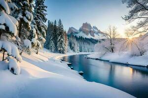 un río en el nieve con arboles y montañas. generado por ai foto