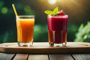 two juices on a wooden tray with a straw. AI-Generated photo