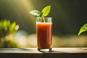 un vaso de jugo con un hoja en cima. generado por ai foto