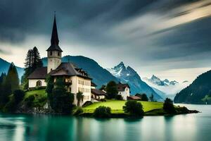 a church on an island in the middle of a lake. AI-Generated photo