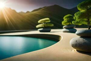 un pequeño árbol es sentado en parte superior de rocas cerca un piscina. generado por ai foto